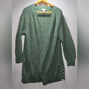 CJ Banks X (14) Women Green Open-Front Duster Cardigan Bottom Side Silver Detail